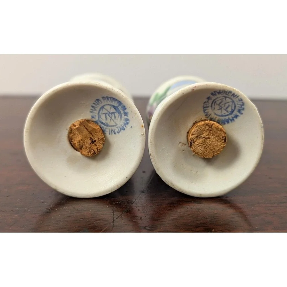 Vintage Hand Painted Japan Floral Porcelain Salt Pepper Shakers Cork Stopper